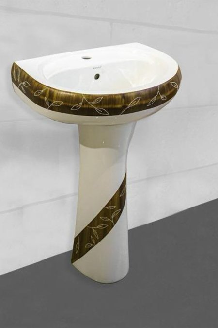 مغسل سيراميك مع عمود – نقش أوراق ذهبي